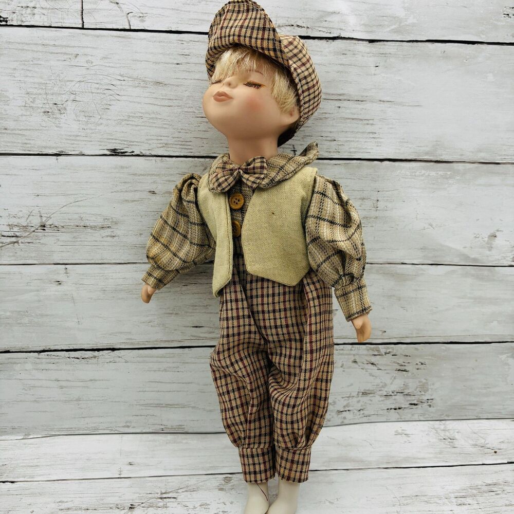 Vintage Porcelain Boy Doll Blonde Hair Plaid Outfit Hat Vest 14 Inch